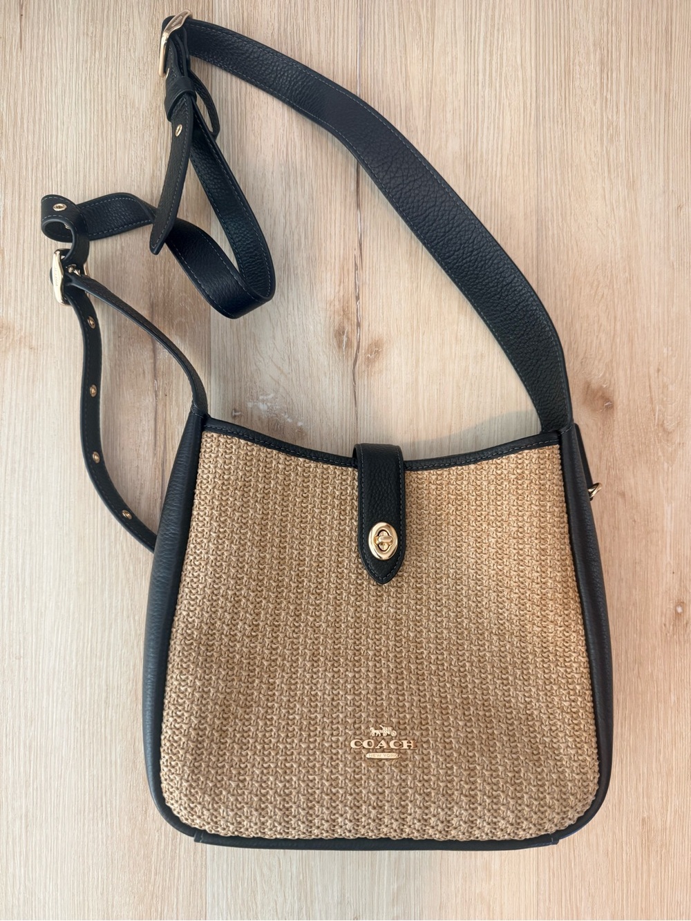 Coach Natural Straw Crossbody with Black Leather Trim